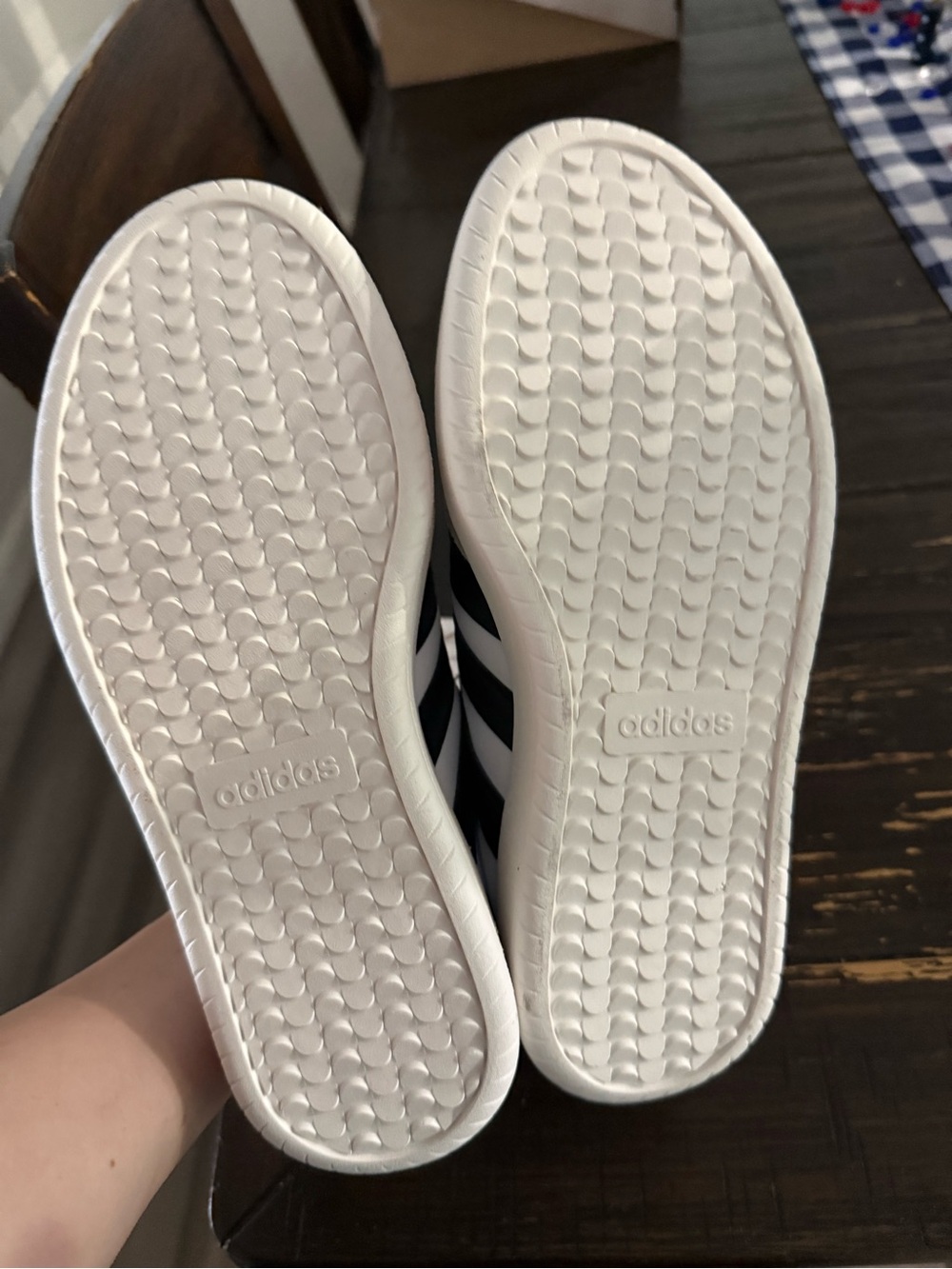 adidas White Sneakers with Black Stripes and Tan Accents - Picture 3 of 4